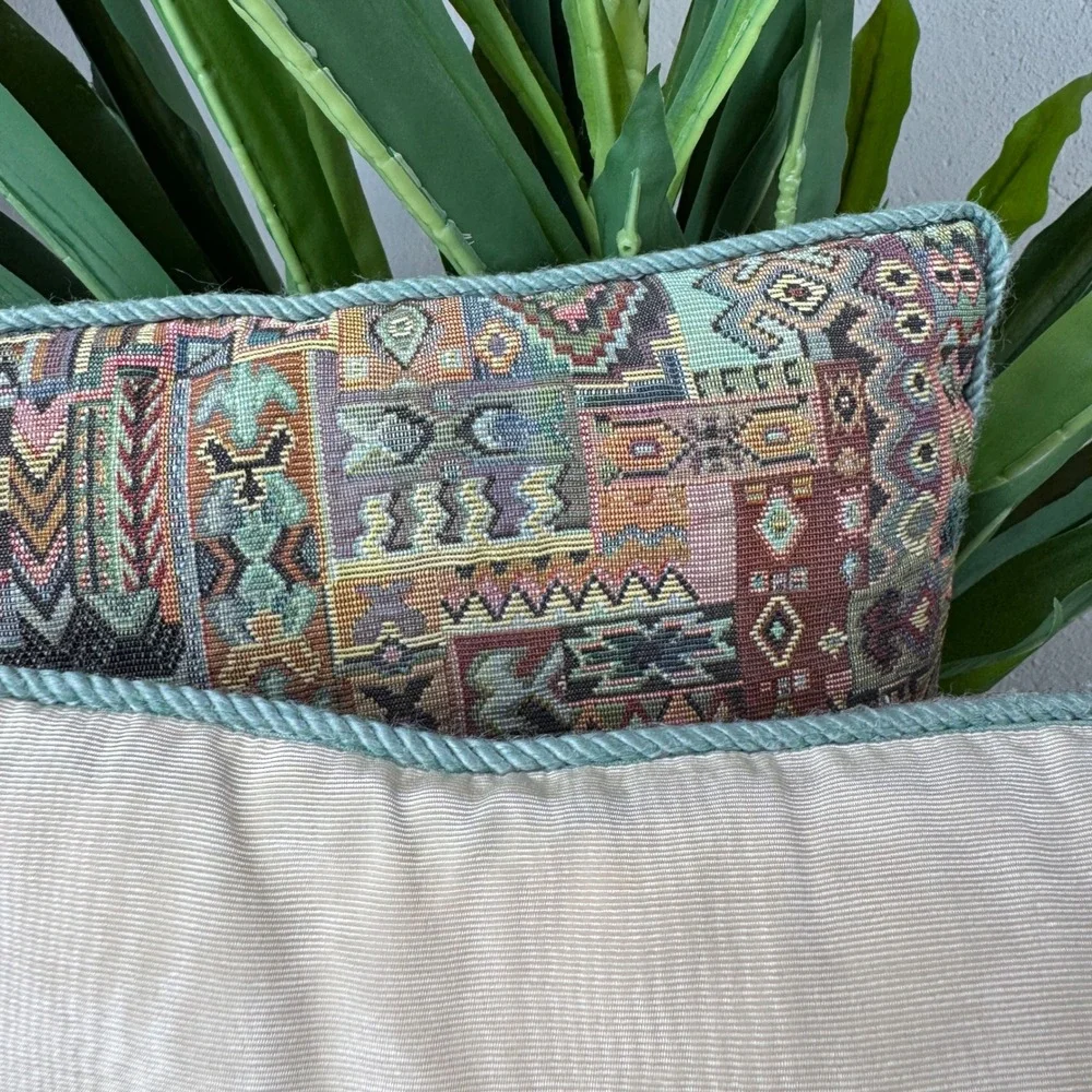 Set of Two Vintage Earthy Southwestern Aztec Geometric Woven Throw Pillows 13x13